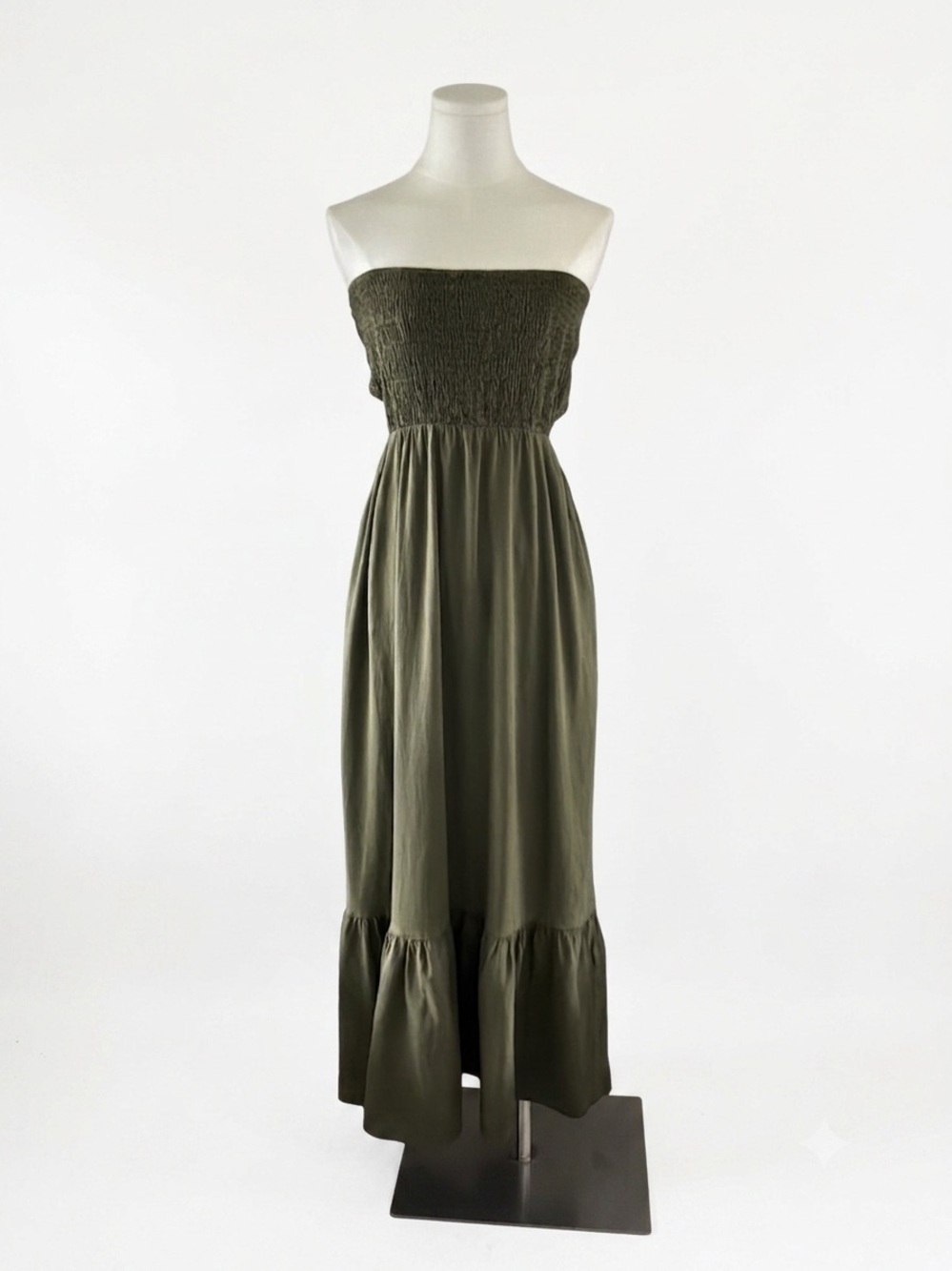 Zara Olive Green Smocked Strapless Cutout Back Maxi Dress - Size M